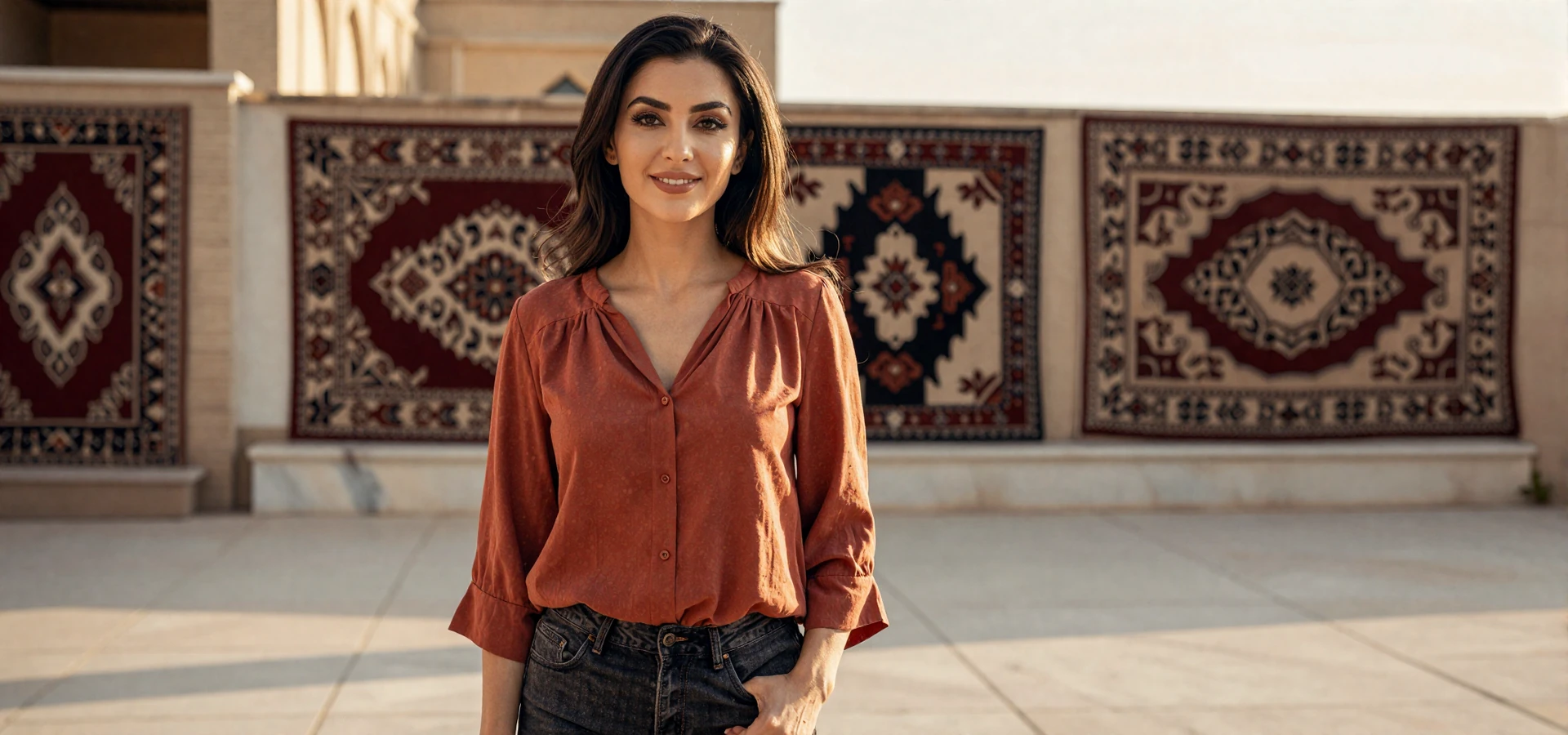 Beautiful Turkmen woman in casual terracotta blouse standing in sunlit courtyard with traditional Turkmen carpet patterns, representing verified Turkmen singles on dating platform