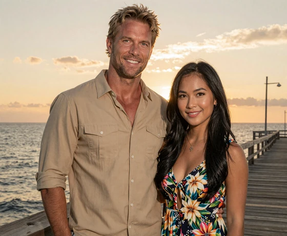 Robert from Australia and Araya from Thailand standing on an ocean pier at sunset celebrating their international dating success
