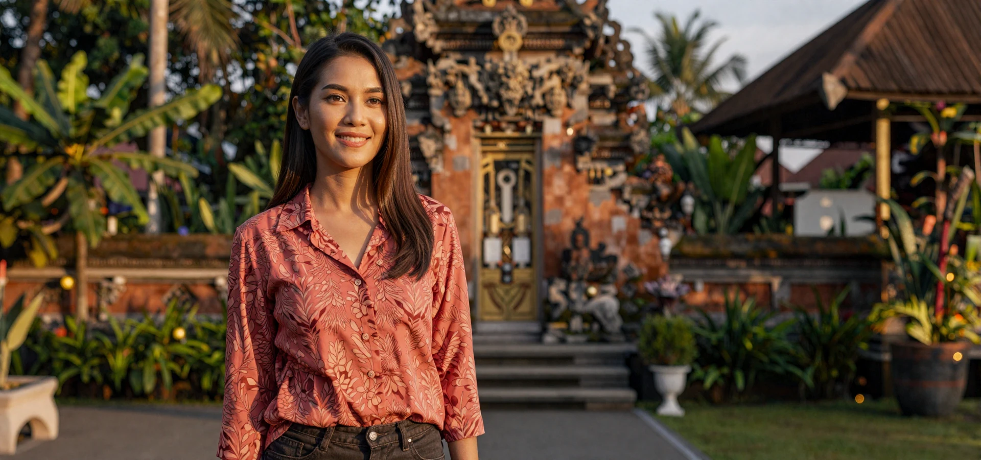 Beautiful Indonesian woman in elegant batik-inspired outfit on a tropical terrace, representing verified Indonesian singles on a dating site