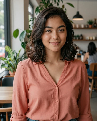 Camille, 25, Filipino woman from Manila in a coral blouse at a cozy cafe
