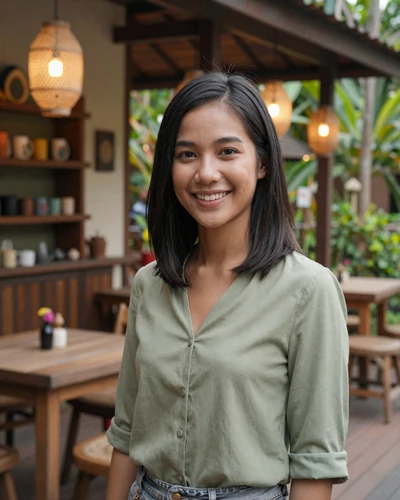 Nong, 26, Thai woman from Chiang Mai in a green blouse at a garden cafe