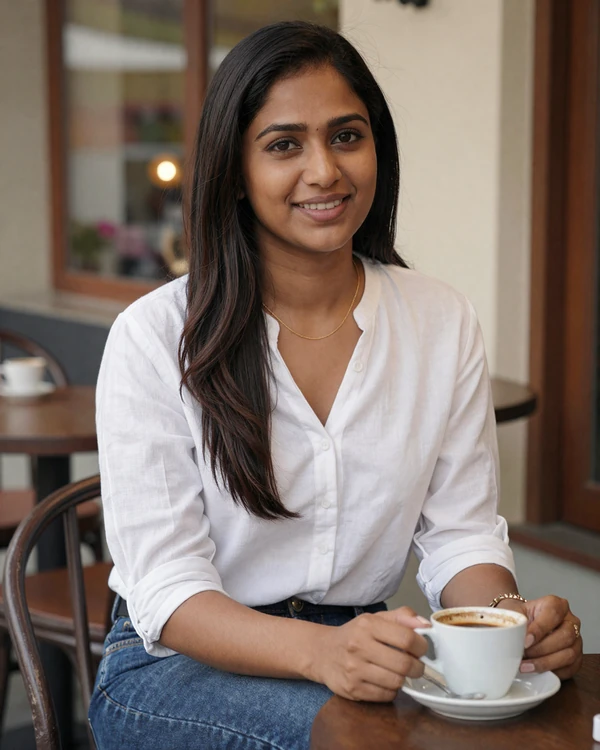 Young Indian woman in modern casual outfit at an outdoor cafe, representing educated Indian singles open to international matchmaking