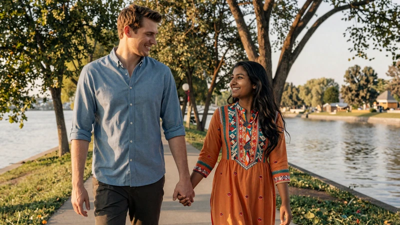 Happy interracial couple of an American man and Bangladeshi woman walking hand-in-hand in a park, showcasing a successful cross-cultural relationship