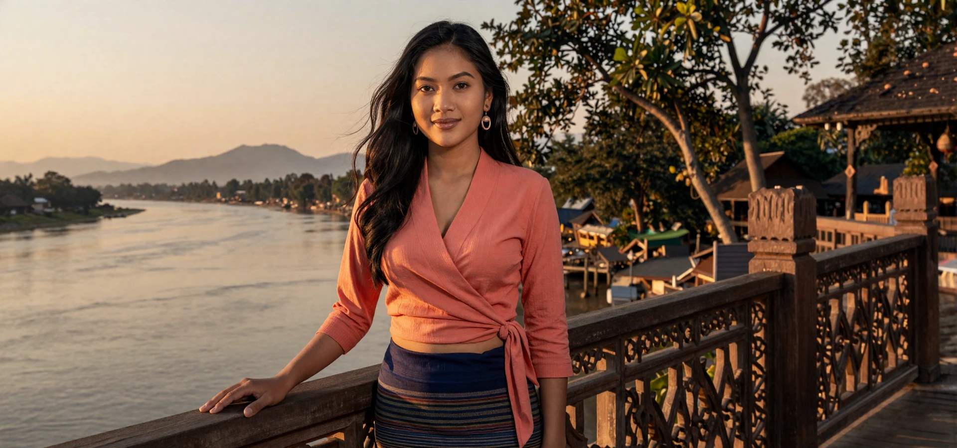 Beautiful Laotian woman in elegant coral blouse overlooking the Mekong River at sunset, representing verified Lao singles on a dating site