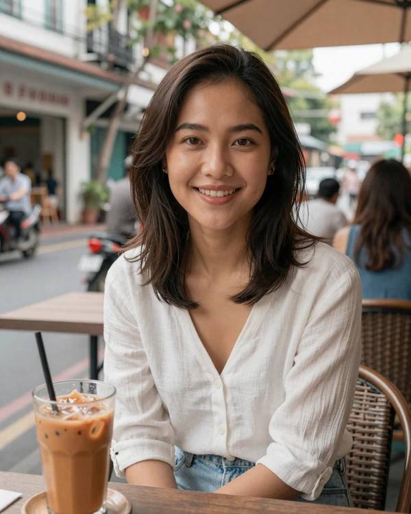 Young Thai woman in casual modern outfit smiling warmly at outdoor Bangkok cafe, representing educated Thai singles open to international dating