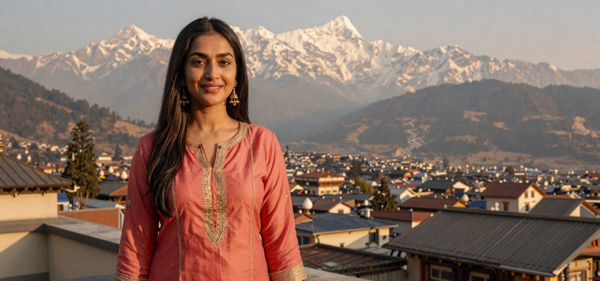 Beautiful Nepali woman in elegant coral kurta on a Kathmandu terrace with Himalayan mountain views, representing verified Nepali singles on a dating site