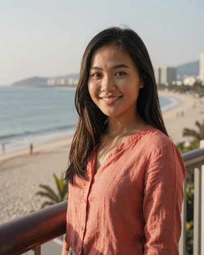 Thao, 27, Vietnamese woman in coral top on balcony overlooking Da Nang beach