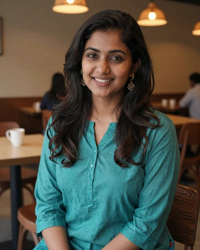 Anika, 26, Indian woman in teal kurti at a cozy Mumbai cafe