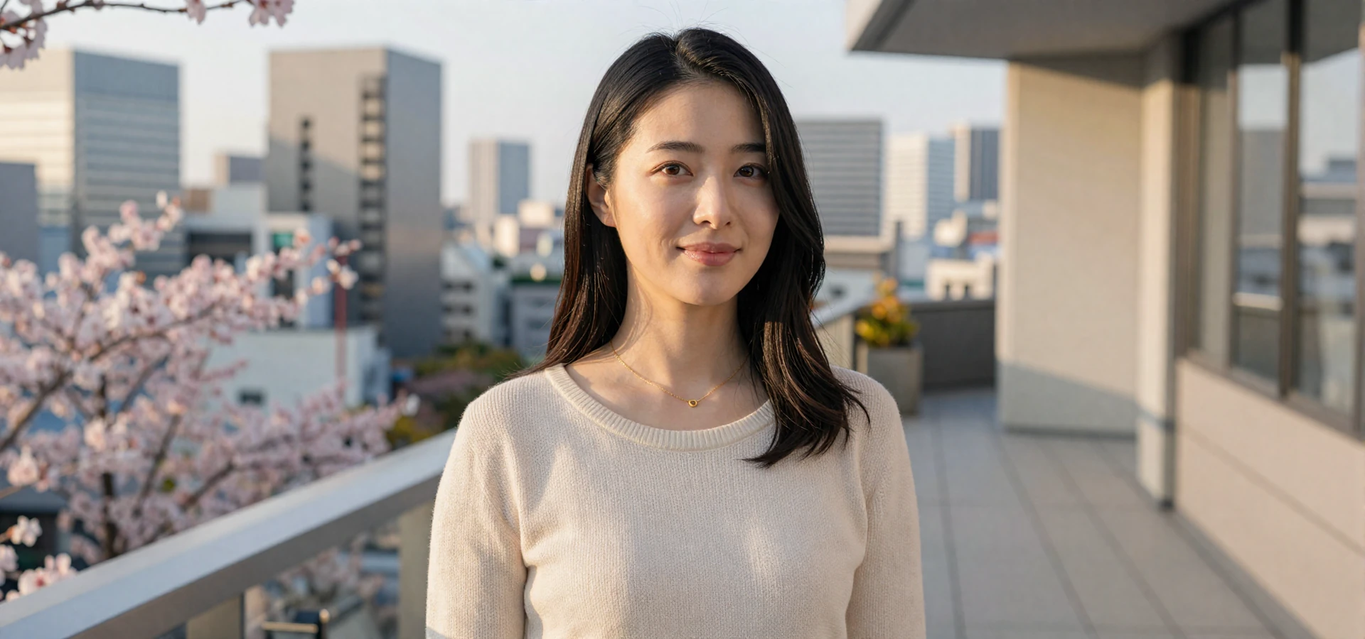 Elegant Japanese woman on a modern Tokyo rooftop terrace with cherry blossoms, representing verified Japanese singles on the best Japanese dating sites