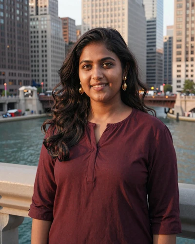 Ananya, 26, Indian American woman on Chicago riverwalk with skyline behind