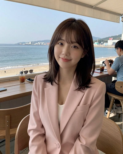 Soo-Yeon, 25, Korean woman in pink blazer at seaside cafe in Busan