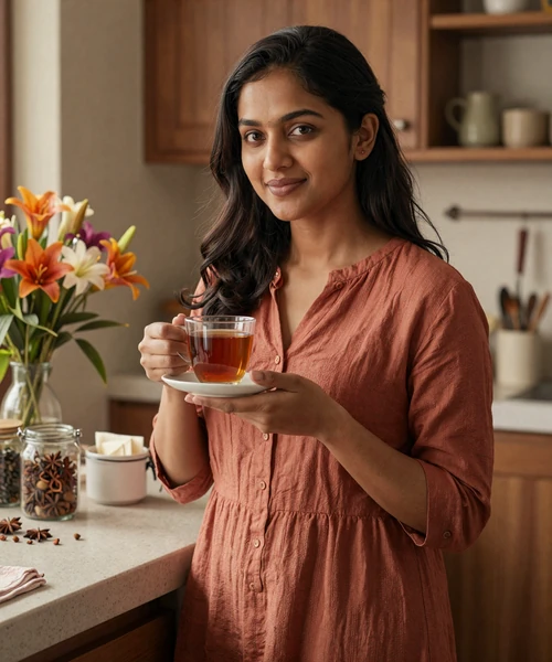 Sri Lankan woman enjoying Ceylon tea at home, representing daily life with a Sri Lankan partner in a warm family setting