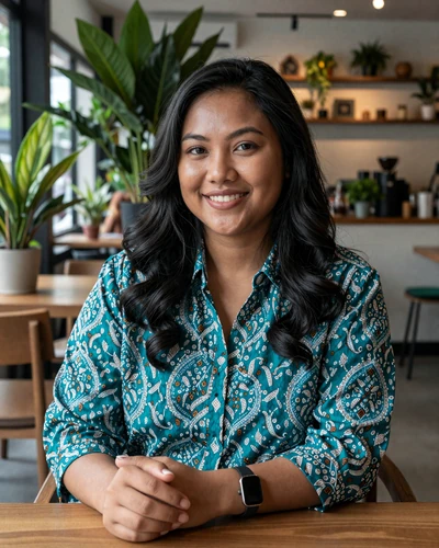Sari, 27, Indonesian woman in batik blouse at modern Jakarta cafe