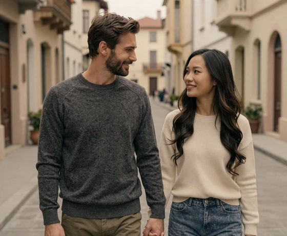 Thomas from Texas and Linh from Vietnam holding hands lovingly on a city street after meeting through Foreign Girl Date
