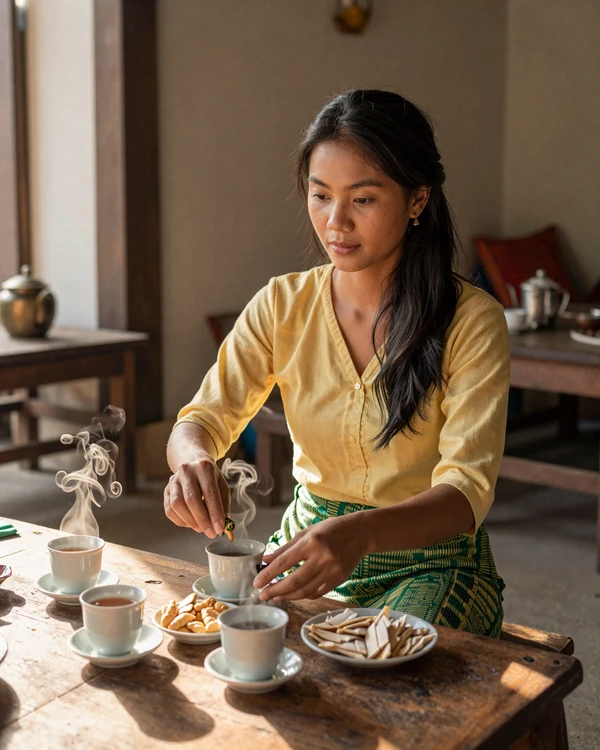 Burmese woman preparing traditional tea and snacks at a cozy tea shop in Mandalay, representing daily life and tea culture in Myanmar