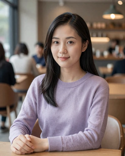 Jia, 25, Chinese woman smiling in lavender sweater at Guangzhou cafe