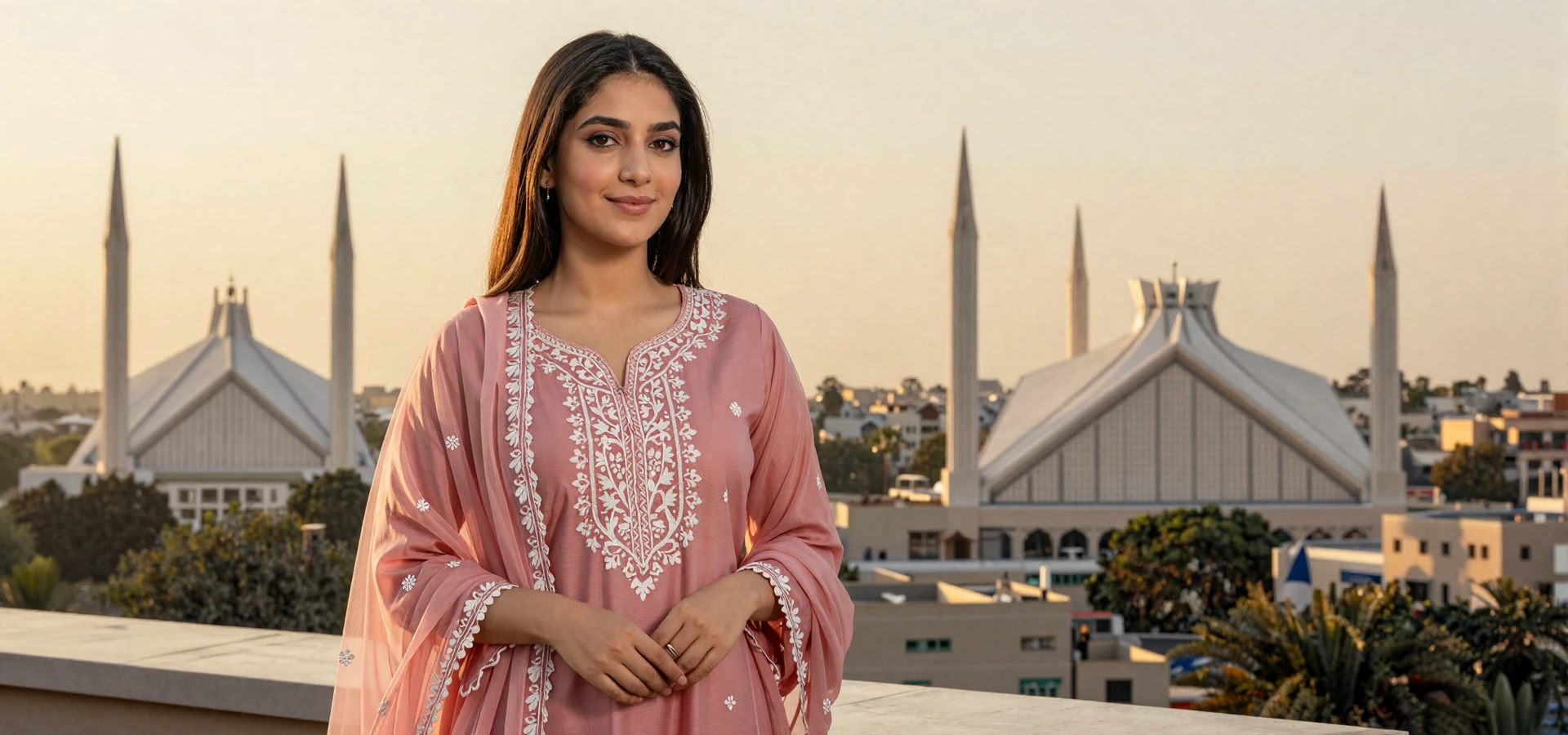 Beautiful Pakistani woman in traditional rose-pink shalwar kameez on an Islamabad terrace, ready for meaningful connections through pakistani dating