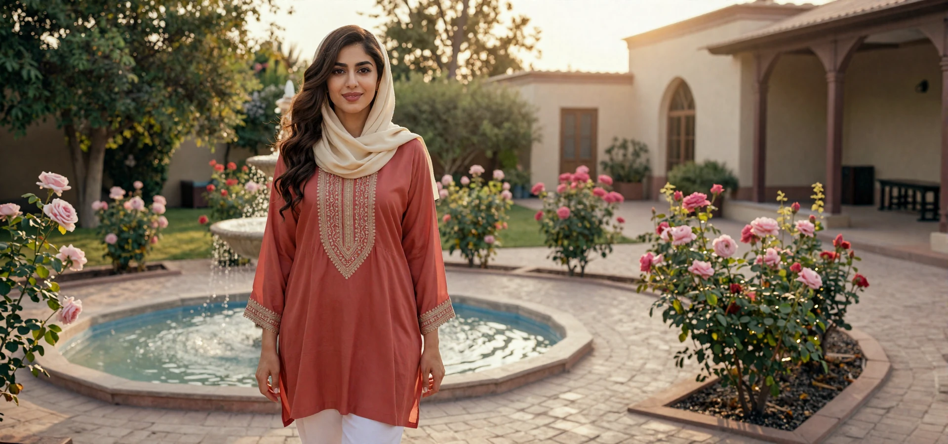 Beautiful Afghan woman in elegant coral-red embroidered dress in a courtyard garden, representing verified Afghan singles on a dating site