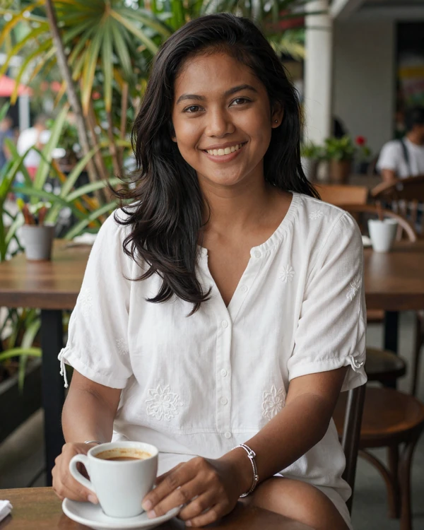 Young Timorese woman in casual white blouse smiling at an outdoor cafe in Dili, representing educated East Timorese singles open to international dating