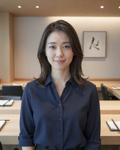 Emi, 28, Japanese woman from Tokyo in a navy blouse at a minimalist restaurant
