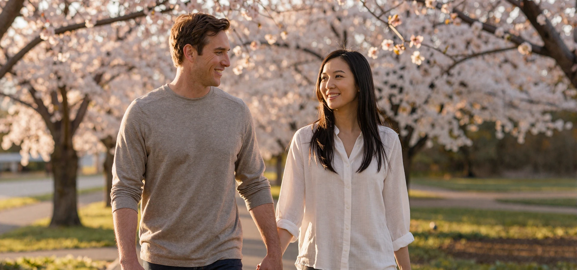 Happy couple walking through a sunlit garden representing successful asian online dating journey