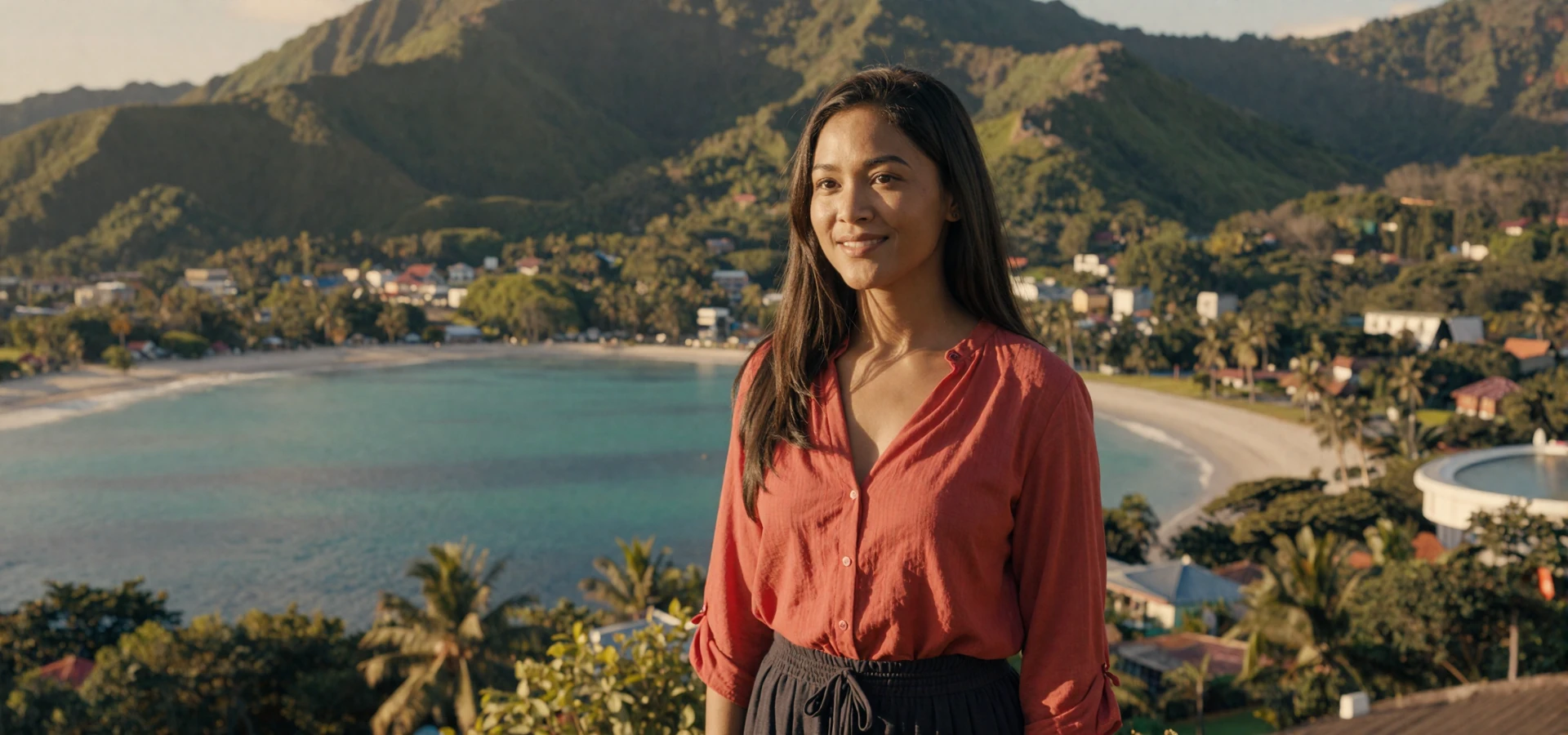 Beautiful Timorese woman in elegant coral-red blouse overlooking Dili Bay, representing verified East Timorese singles on a dating platform
