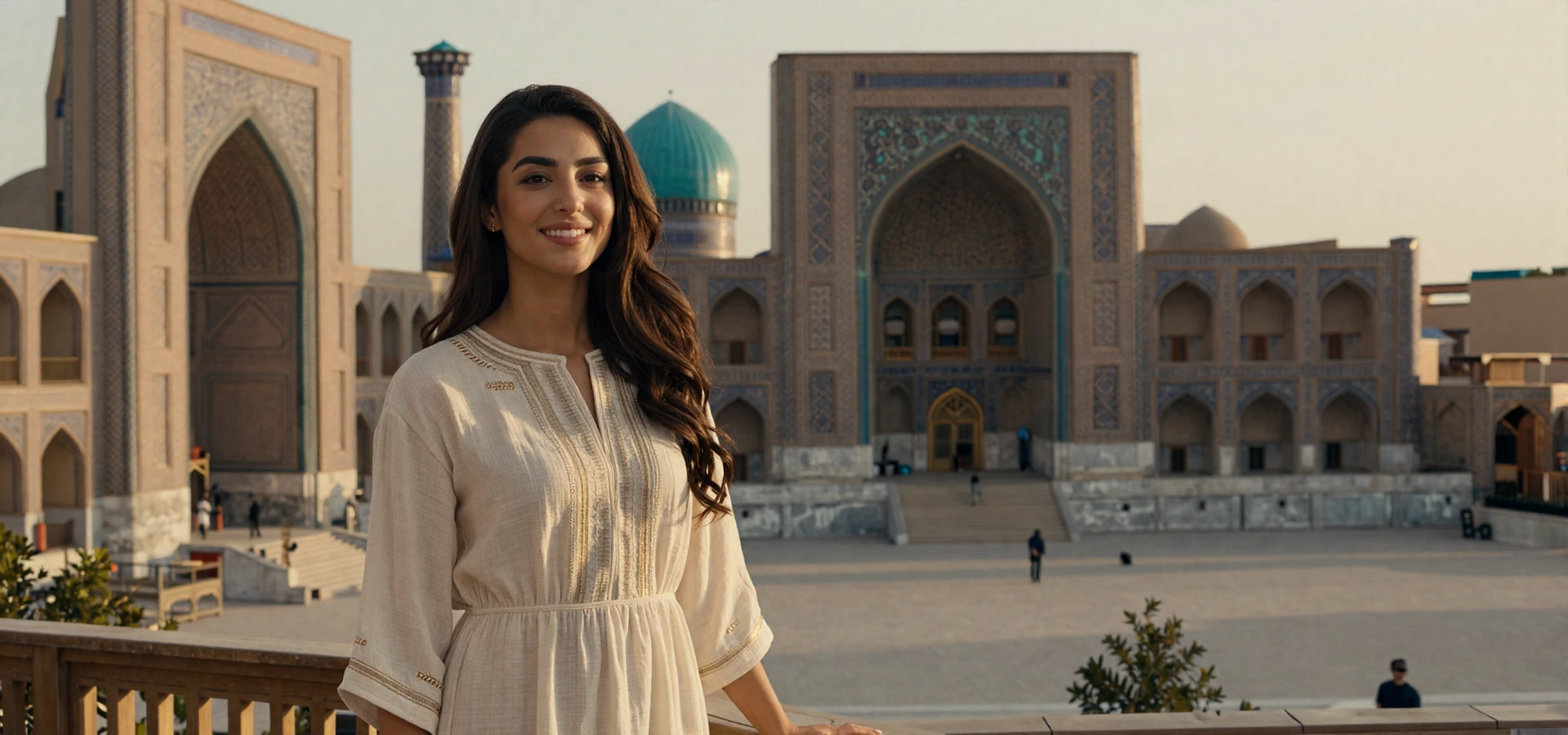 Beautiful Uzbek woman in elegant ivory dress on a sunlit terrace overlooking Registan Square in Samarkand, representing verified Uzbek singles on Foreign Girl Date
