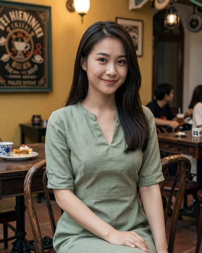 Mai, 26, Vietnamese woman in sage green dress at traditional Hanoi coffee shop