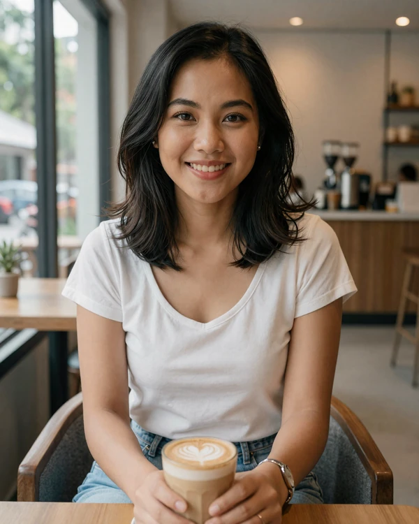 Young Cambodian woman smiling warmly in a modern Phnom Penh cafe, representing educated Cambodian singles open to international dating
