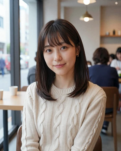 Yuki, 27, Japanese woman from Osaka enjoying cafe in cream sweater
