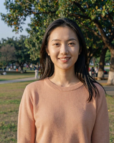 Jia, 26, verified Chinese woman from Guangzhou in a peach sweater