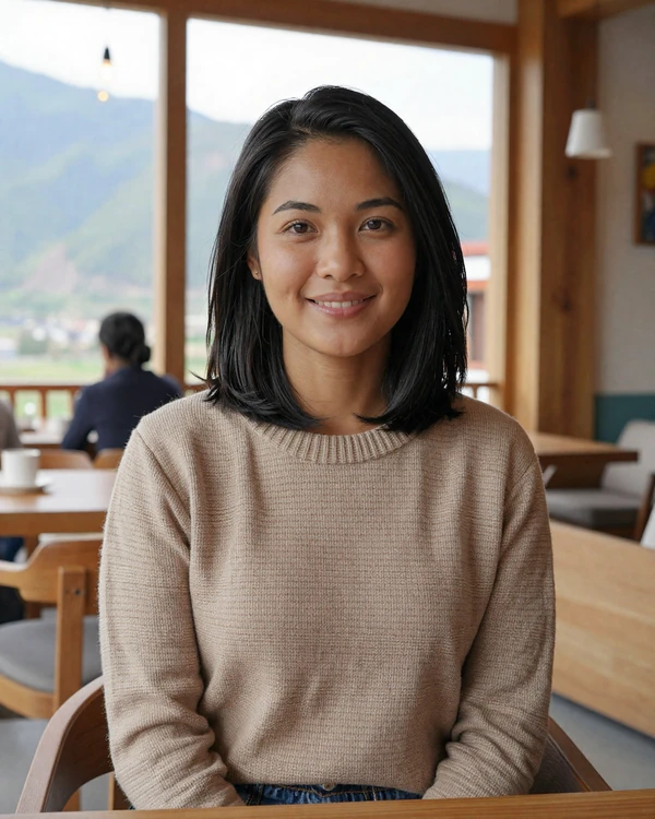 Young Bhutanese woman in modern casual outfit smiling warmly in a Thimphu cafe, representing educated Bhutanese singles open to international dating