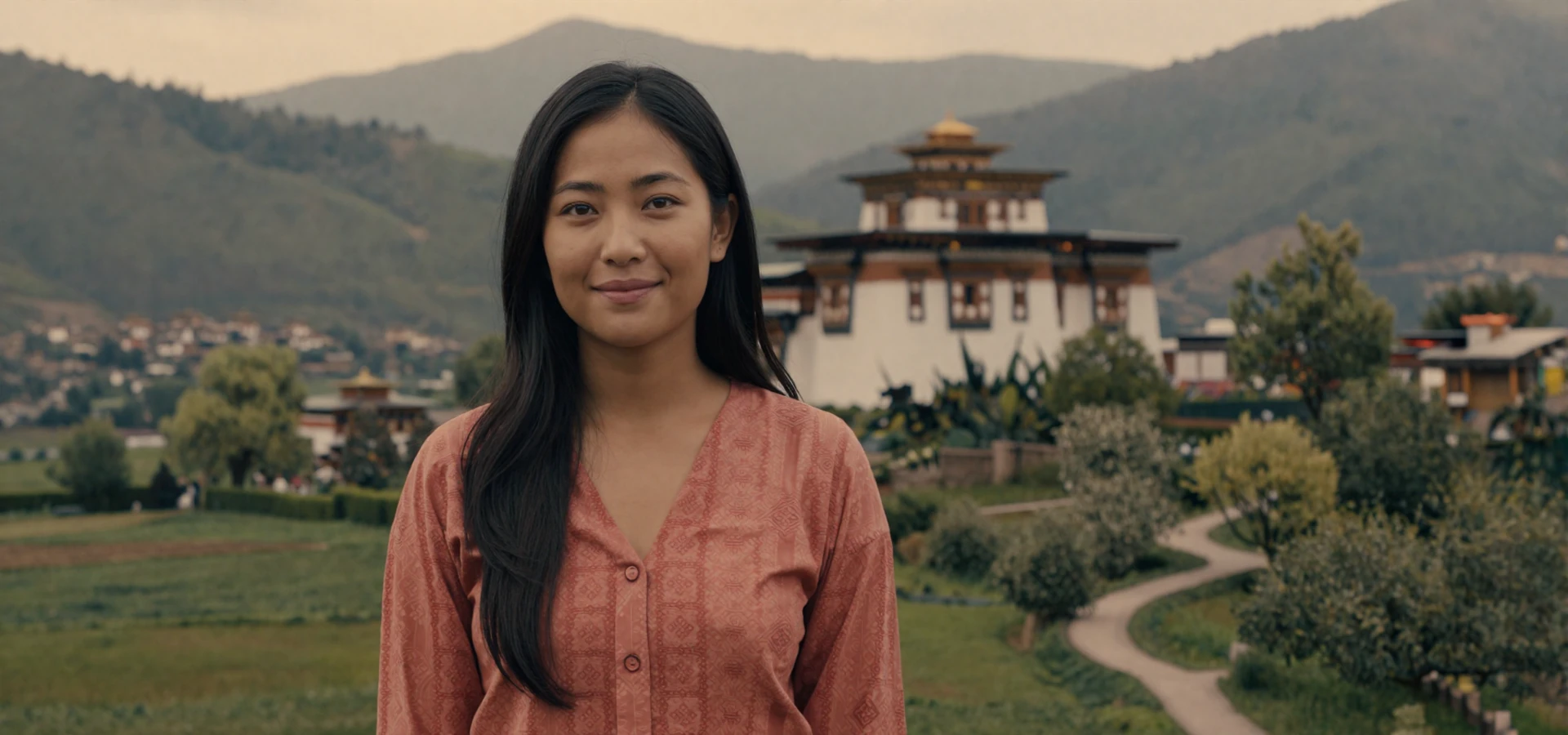 Beautiful Bhutanese woman in casual attire standing in a Himalayan valley with traditional dzong architecture, representing verified Bhutanese singles for dating