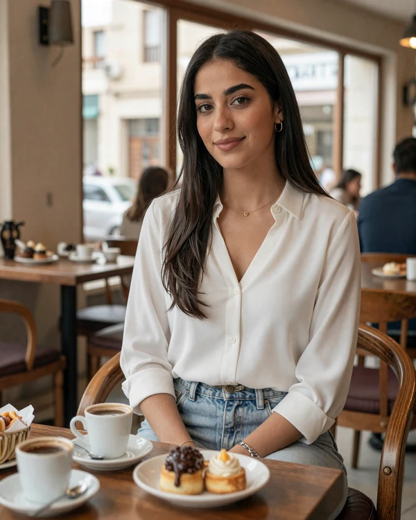 Young Jordanian woman in a modern Amman cafe smiling warmly, representing educated Jordanian singles open to international dating