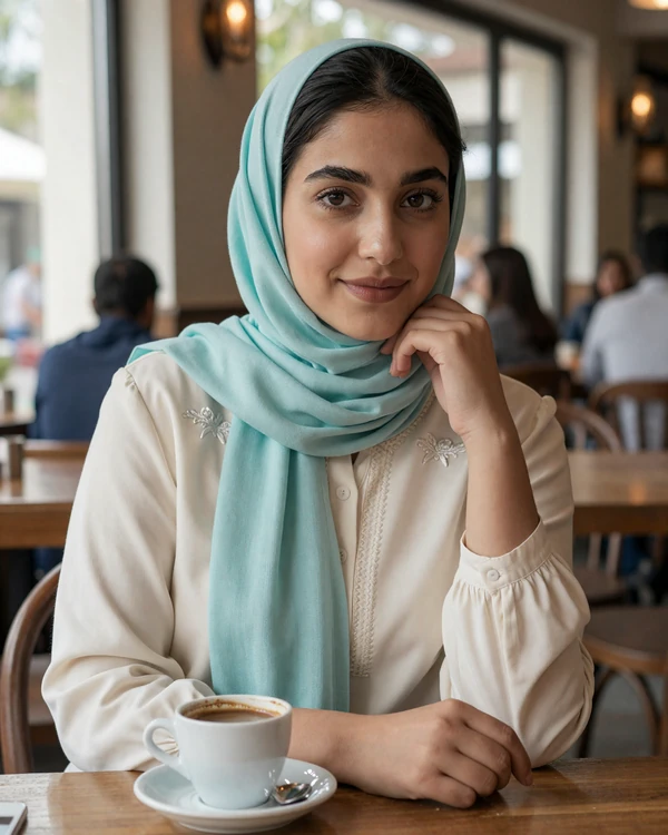 Young Yemeni woman in modern casual outfit with light hijab smiling warmly in a cafe, representing educated Yemeni singles open to international dating