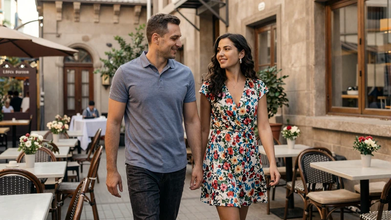 Happy interracial couple of an American man and Armenian woman walking arm in arm through a scenic Yerevan cafe area