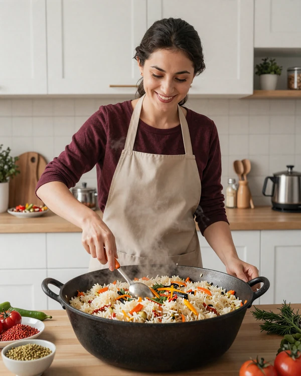 Uzbek woman preparing traditional plov rice dish in a bright modern kitchen, showcasing Uzbek culinary culture and hospitality traditions