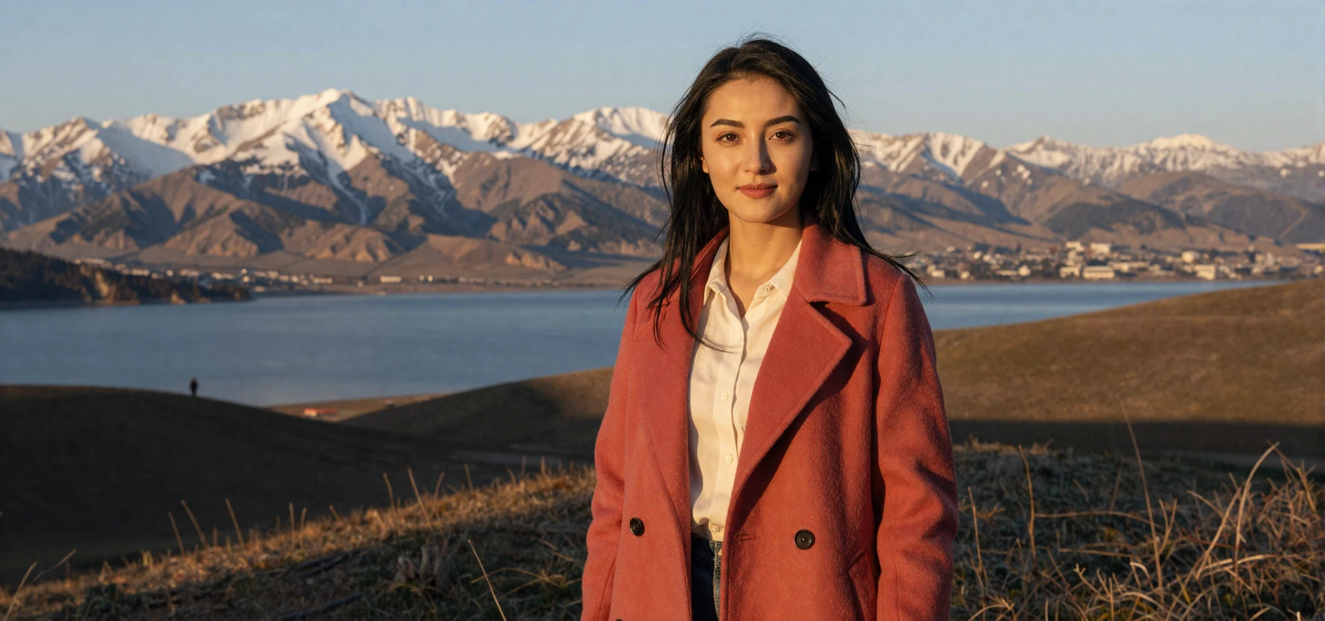 Beautiful Kyrgyz woman in coral coat overlooking Issyk-Kul lake with Tian Shan mountains, representing verified Kyrgyz singles on a dating platform