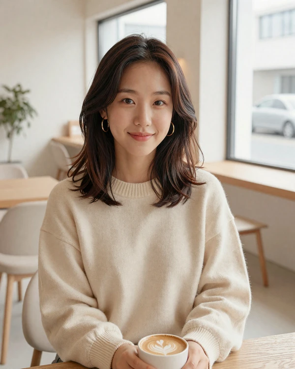 Stylish Korean woman in trendy casual outfit at a modern Seoul cafe, representing educated Korean singles open to international dating