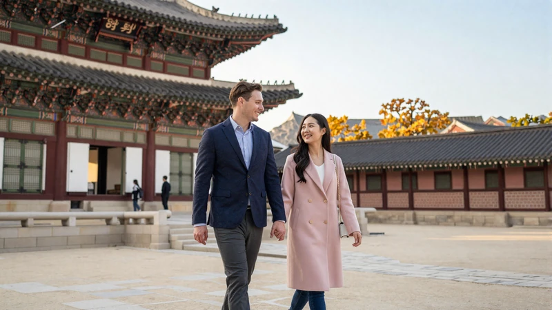 Happy interracial couple of an American man and Korean woman walking at Gyeongbokgung Palace in Seoul, showcasing a successful cross-cultural relationship