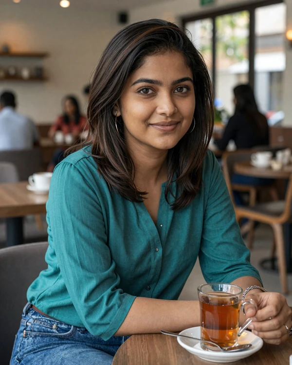 Young Bangladeshi woman in modern casual outfit smiling warmly in a cafe, representing educated Bangladeshi singles open to international dating