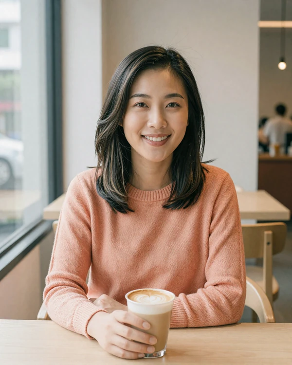 Young Taiwanese woman in a modern Taipei cafe smiling warmly, representing educated Taiwanese singles open to international dating