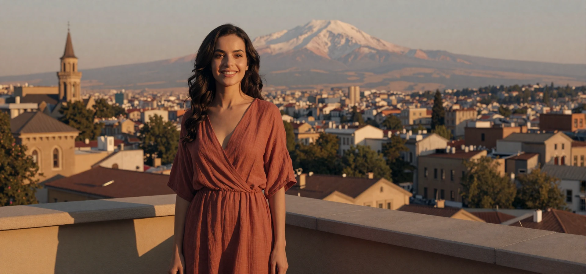 Beautiful Armenian woman in terracotta dress on Yerevan rooftop with Mount Ararat, representing verified Armenian singles on a dating platform