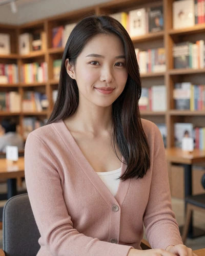 Nari, 26, Korean woman in rose cardigan at cozy Incheon bookshop cafe