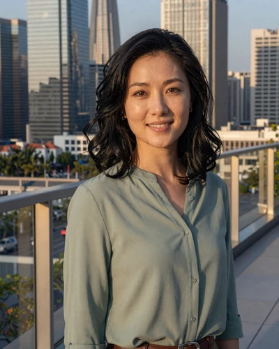 Mei, 29, Chinese woman in sage blouse on Shenzhen rooftop with skyline view