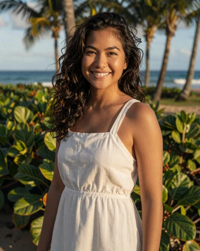 Lea, 25, Filipino American woman near tropical greenery in Honolulu Hawaii