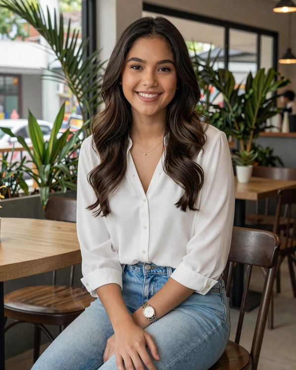 Young Filipino woman in modern casual outfit smiling warmly in a Manila cafe, representing educated Filipina singles open to international dating