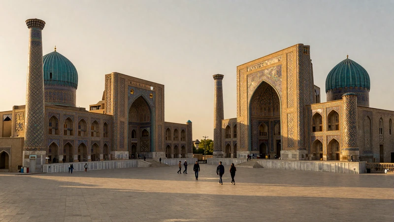 Registan Square in Samarkand Uzbekistan at golden hour showcasing turquoise-tiled madrasas, representing the Silk Road heritage of Uzbek dating culture