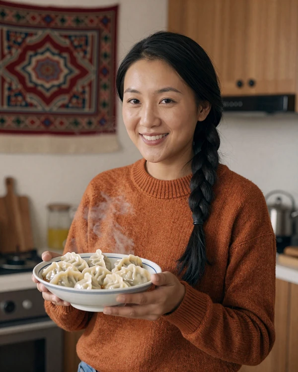 Mongolian woman in cozy sweater holding traditional buuz dumplings in a modern kitchen, representing the warmth of life with a Mongolian partner