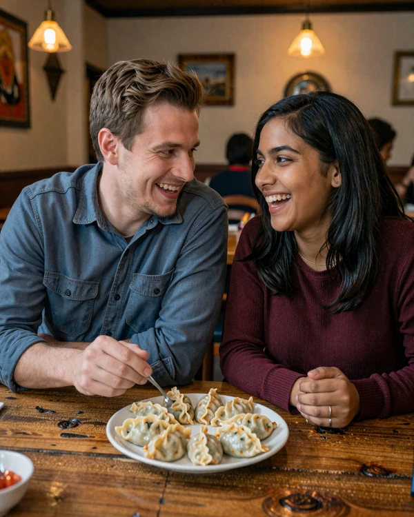 Happy interracial couple sharing momos at a Nepali restaurant, illustrating daily life with a Nepali partner
